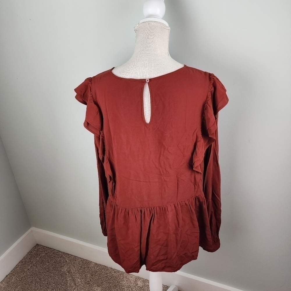 Loft Maroon Ruffle Boho Fall Rayon Top Long Sleeve Size Large - Picture 9 of 12